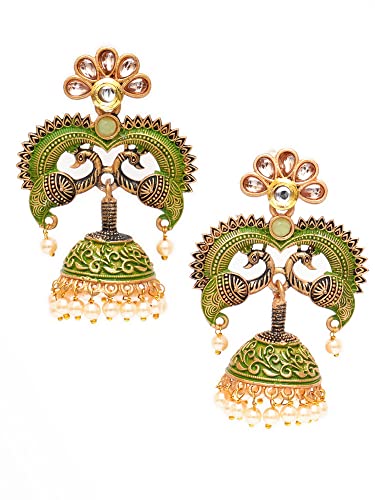 Karatcart Antique Gold Plated Light Green Designer Peacock Jhumki Earrings for Women - Image 5