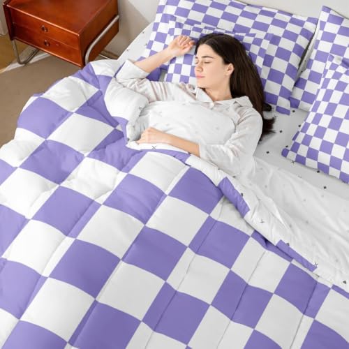 Image of Feelyou Checkered Retro Comforter Set with Sheets 7 Piece Twin Size Purple Plaid Bedding Set for Kids Boys Girls Geometric Vintage Bed in a Bag Modern Simple Groovy Aesthetic Room Decor Soft