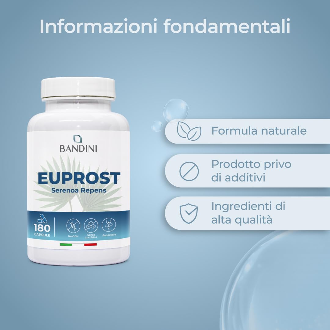 Bandini® Euprost Serenoa Repens 180 Capsule | Scorta 6 Mesi | Saw Palmetto, Semi di Zucca, Ortica, Zinco, Vitamina D3 e B6 | Estratto 20:1 standardizzato al 30% in acidi grassi | Integratore per Uomo