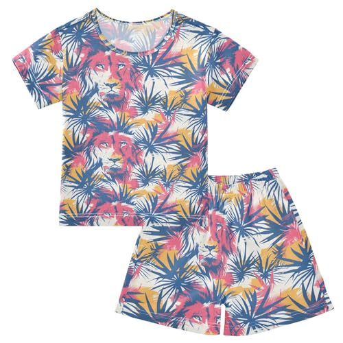 ALAZA Lion Palm Leaves Pajamas Short Sleeve 2 Piece Sleepwear Top and Bottom Pajama Set Unisex