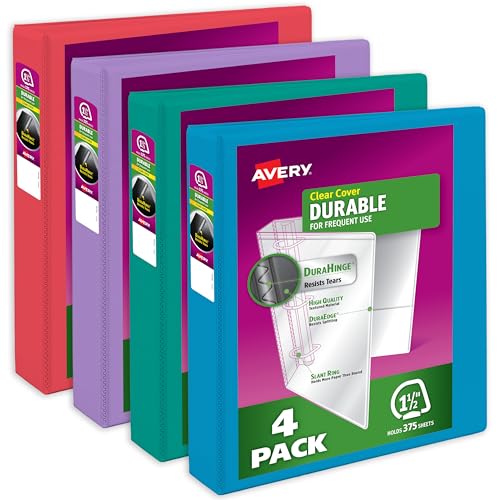 Avery Durable View 3 Ring Binders 1.5 Inch Slant Rings 375-Sheet Capacity Assorted Bright Colors 4-Pack (05687) for School Office Teachers Classrooms & Home Organization