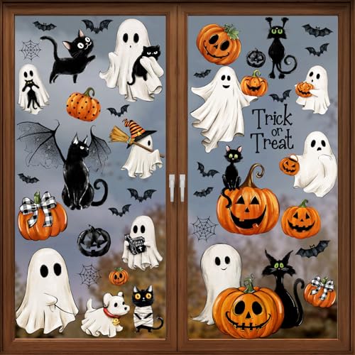 87 PCS Halloween Window Clings Ghost Decals Decor Vintage Ghost Evil Pumpkin Bat Black Cat Reusable Window Stickers for Halloween Party Supplies Home Glass Decorations