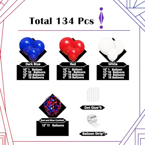 Image of Lukiituke Red White and Blue Balloon Arch Kit, 134Pcs Red and Blue Balloons | 4 Sizes 4th of July USA Balloons for Independence Day Patriotic Memorial Birthday Party Decorations