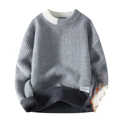 Mens Preppy Style Plus Fleece Thicken Round Neck Sweater Thermal Chic Loose Winter Panelled Knitted Pullovers