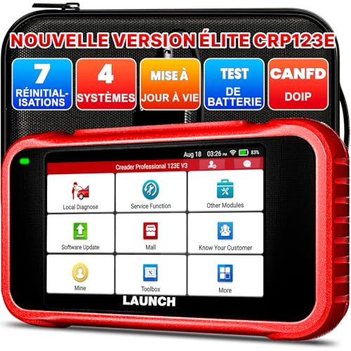LAUNCH CRP123E V3.0 OBD2 Valise Diagnostic Auto français avec 4 Systèmes Moteur ABS SRS Transmission, 7 Reset Oil SAS EPB DPF Purge ABS BMS Accélérateur,...