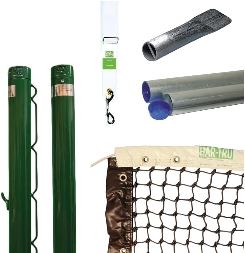 Har-Tru Deluxe Tennis Posts – Permanent Court Kit – 2 7/8” Round, Internal Wind, Green – Optional Ground Sleeves