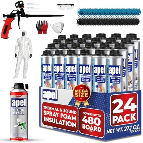 apel Spray Foam Insulation Kit (24 x 32.80 oz./480 Bd ft) Heat and Acoustic Insulation, Self Expanding Polyurethane Foam, Application Gun and Cleaner Included - 24 Pack