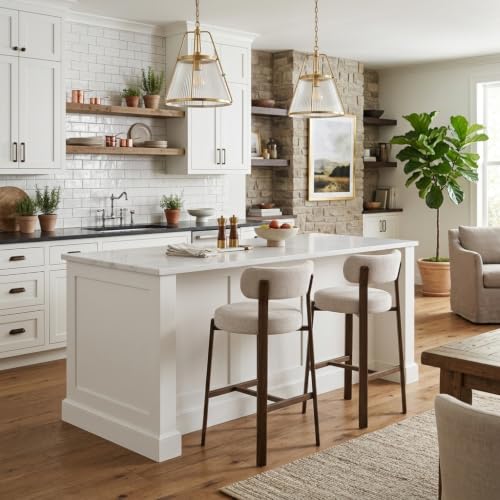 Butacos modernos tapizados, set de 2 unidades, asiento acolchado grueso y reposapiés, patas metálicas con acabado nuez, color beige miniatura 4