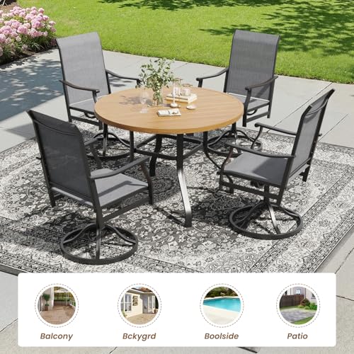 Image of Soohow 5-Piece Outdoor Dining Set, Round Patio Dining Table and Chairs Set, 4 x Swivel Patio Chairs and 41 inch Round Outdoor Dining Table with 1.57 inch Umbrella Hole, Wood-Like, Poolside, Backyard, Deck