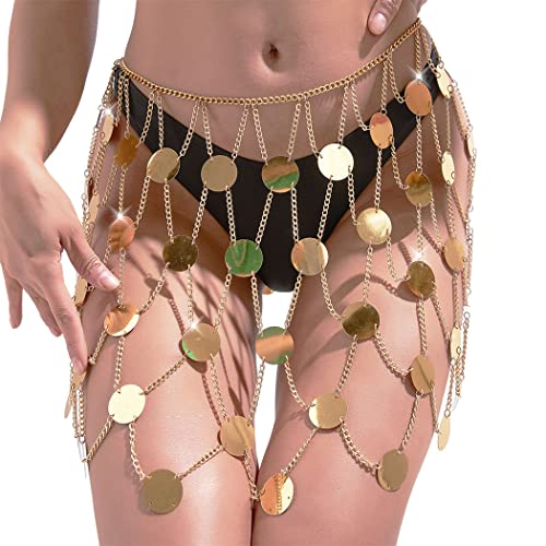 Victray Sequins Body Chain Skirt Beach Woven Waist Chains Fashion Party Rave Body Jewelry Accessories for Women and Girls (Gold)