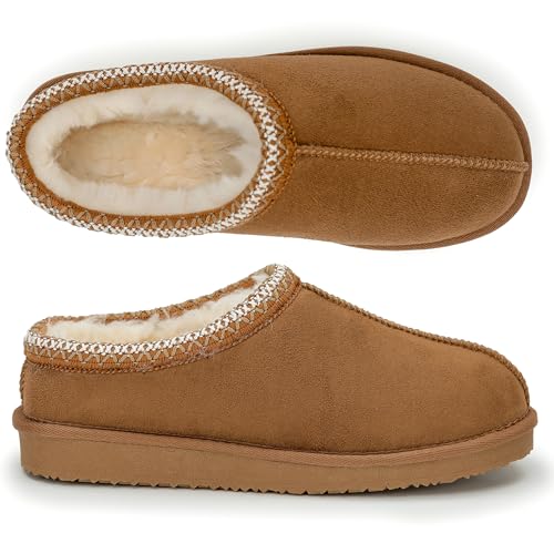 Polar Womens Faux Suede Shearling Lined Slippers - Warm Memory Foam Indoor Outdoor Slip-On House Shoes with Aztec Trim - Non-Slip Sole for Winter Cosy Comfort - Chestnut - UK 6