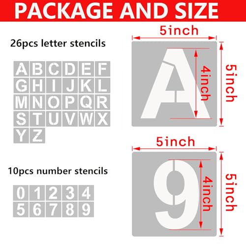 Image of 5 Inch Letter and Number Stencils, 36 Pcs Alphabet Art Craft Set, Reusable Plastic for Wood, Wall, Fabric, Rock, Chalkboard, Signage, DIY School Art Projects