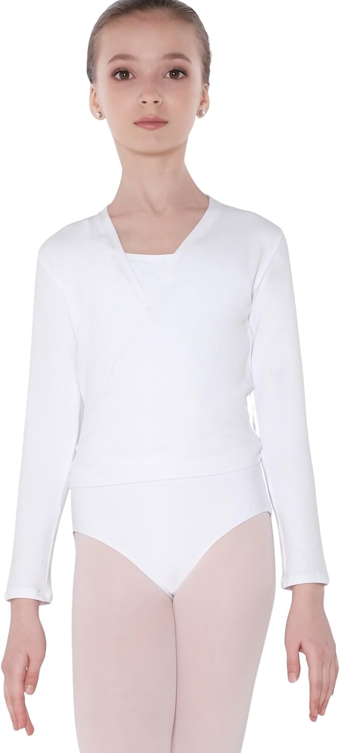 Wear More COT005WHI12 Premiere Ballet Long Sleeve Top, Girls, Cotton Material, V-Neck (12-14 Years), White, Genuine