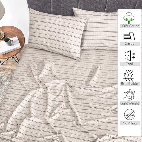 Image of RUVANTI 100% Cotton Percale Sheets Split King Size, Brown Stripes | Crisp Cooling, Deep Pocket 16 inch, Soft Breathable & Durable, Hotel-Style, 5 Piece Set