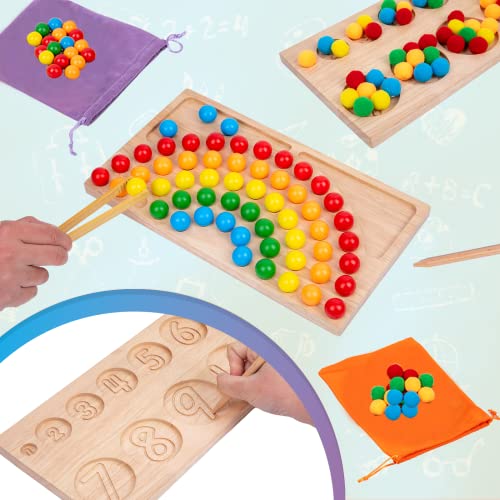Image of Montessori Wooden Board Bead Game,Beads Counting for Kids,Fine Motor Toys-Number Handwriting Tracking Board-Early Tooders Rainbow Sorting Beads Montessori Toys for 3+ Years Old,Gifts for Boys Girls