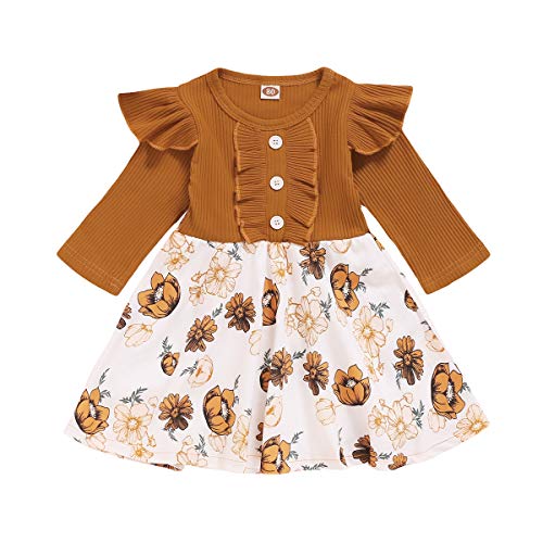 HAPPYMA Infant Toddler Baby Girls Floral Dress Ruffles Flutter Sleeve Cotton Buttons Dresses Fall Princess Skirt Outfit (Brown, 3-4 T)