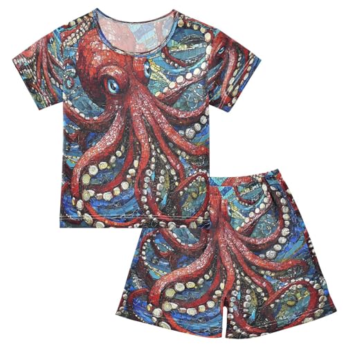 ALAZA Octopus Blue Red Fantasy Pajamas Set Short Sleeve Cotton Sleepwear Summer Pjs 2 Piece 5-14Y