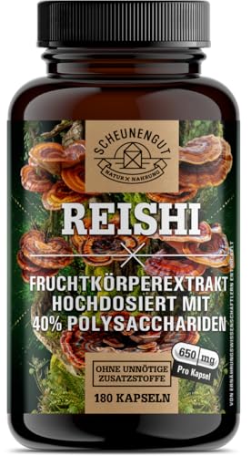 Reishi 1950mg -WICHTIG: 20:1 Extrakt (=39000mg reiner Fruchtkörper pro Tagesdosis MIT 40% bioaktiven Polysacchariden) Reishi Kapseln Hochdosiert -Laborgeprüft- DE SCHEUNENGUT®