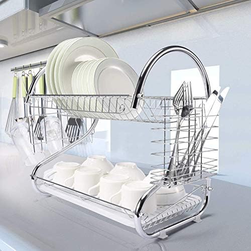 Dish Drainer Rack 2 Tier Dish drainer Kitchen Drying Rack Chrome Plated with Drip Tray
