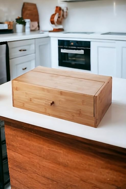 Deconox Bamboo Bread Box Bread Cabinet, Bread Basket Chest, Bread Holder, Multi-Purpose Bamboo Box (34cm 19.5cm 14cm)
