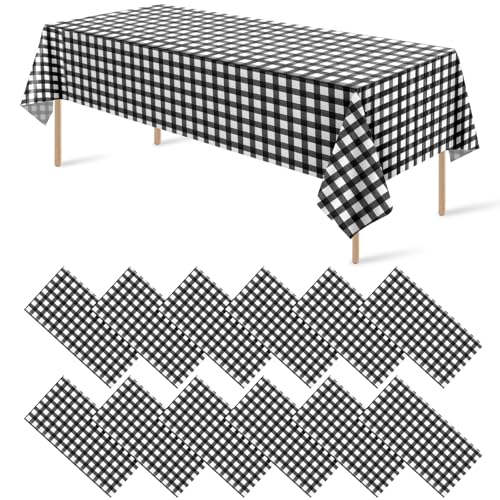 Image of 12Pack Black and White Plastic Checkered Tablecloth, Premium Decorative Disposable Black Gingham Plaid Tablecloths for Parties, Rectangle Party Table Cover for Picnic Farm Birthday Wedding, 54x108Inch