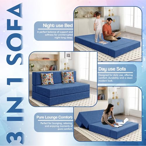 Image of Los Angeles Foldable Two Seater Sofa Cum Bed, Sofa Bed 4 X 6 Feet Jute Fabric Washable Cover- Including Cushion Perfect for Living Room