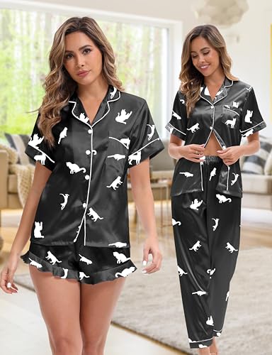 Silk Pajamas for Women 3 Piece Short Sleeve Satin Pajama Set with Pants Ruffle Cute Pj Sets Button Down Sleepwear2