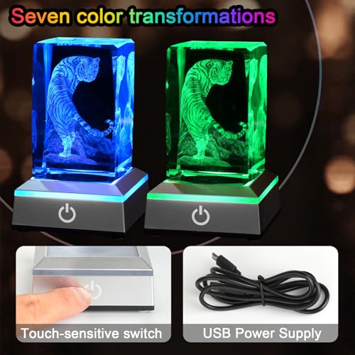 Image of 3D Tiger Crystal Night Light with Multicolor LED Base Glass Laser Engraved White Tiger Lamp Figurines Gifts for Boys Girls Lovers Birthday Christmas Room Decor