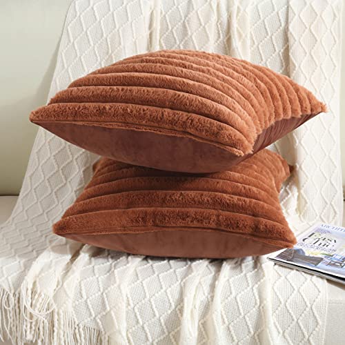 Futei Brown Striped Throw Pillow Covers 20X20 Inch Set Of 2,Square Cushion Case,Home Decorative Couch Pillow Cover,Soft Cozy Faux Rabbit Fur & Velvet Back,Modern Neutral Decor For Bed,Sofa #TOP4