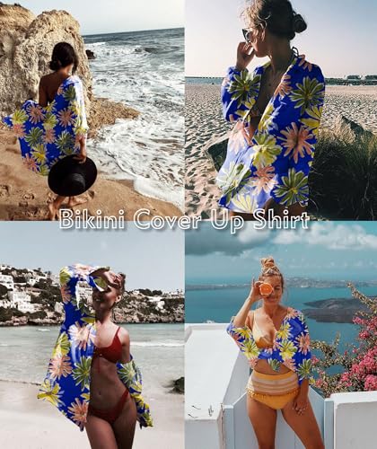 Image of Zoye Chen Women's Bikini Swimsuit Cover Up Button Down V Neck Shirts Long Sleeve Blouse Beachwear Bathing Suit