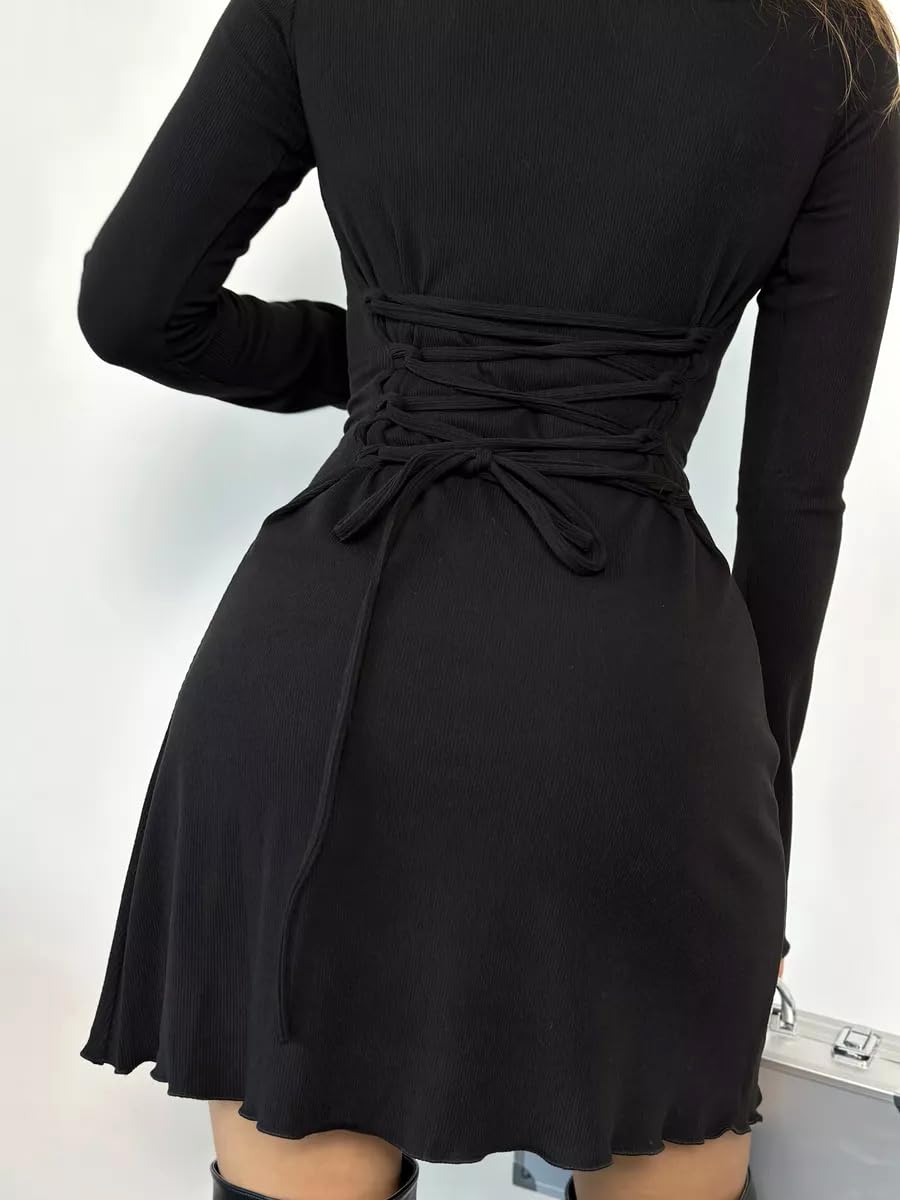 MiiVoo Minivestido casual de manga corta y larga para mujer, cuello cuadrado, elástico, entallado, para fiesta, club