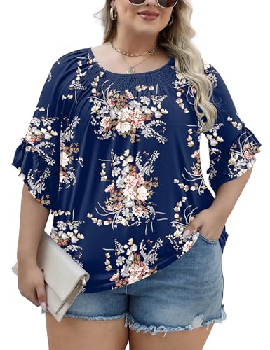 Image of Micoson Womens Plus Size Tops 3 /4 Ruffle Sleeve Crewneck Pleated Shirts