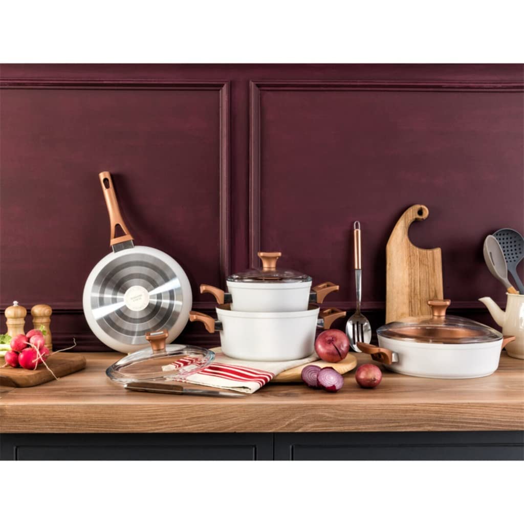 4 Pfannen 7-TLG. Set Antihaft-Pfanne Schmortopf Milchtopf Granitoptik Kochgeschirr-Set mit Glasdeckel