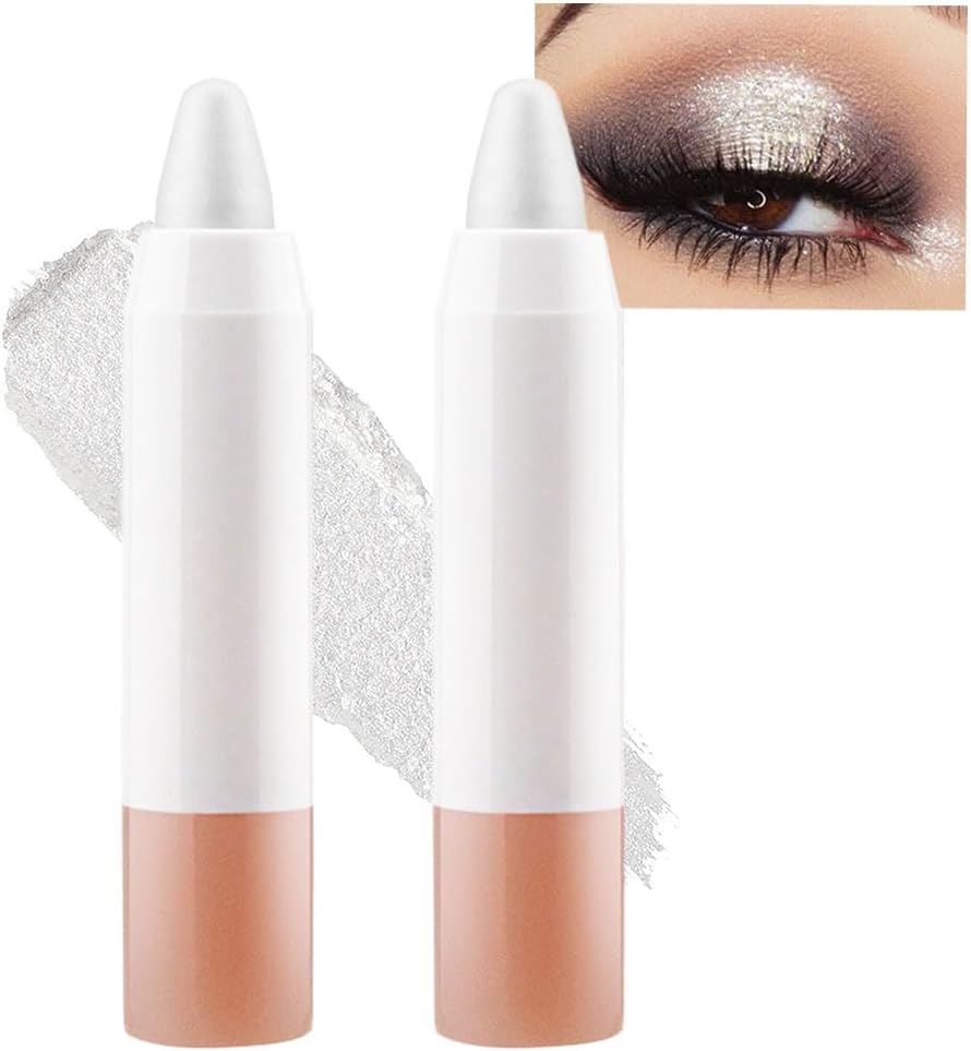 BINGBRUSH 2 Pcs Pearl White Cream Eyeshadow Stick, Shimmer Silver Eye Shadow Pencil, Eye Brightener Crayon for Different Eye Makeup Effect, Easy-to-Apply and Compact for Travel