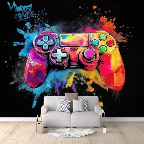 Wall Mural Anime Graffiti Game Controller Print Photo Wallpaper, 300 x 210 cm (WxH) Non-Woven Poster Picture Design Black Mural for Home Living Bedroom Children Room Decoration,