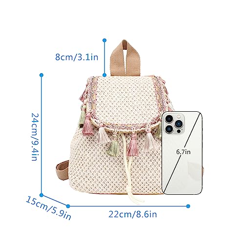 Women Small Tassels Straw Woven Backpack Flap Drawstring Bucket Bag3