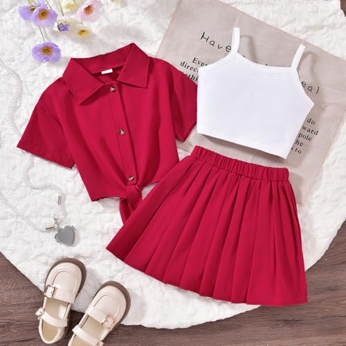 Image of HIHA Girls 3 Piece Outfit Cami Crop Tops Skirt Set with Button Down Shirts Size 6-12