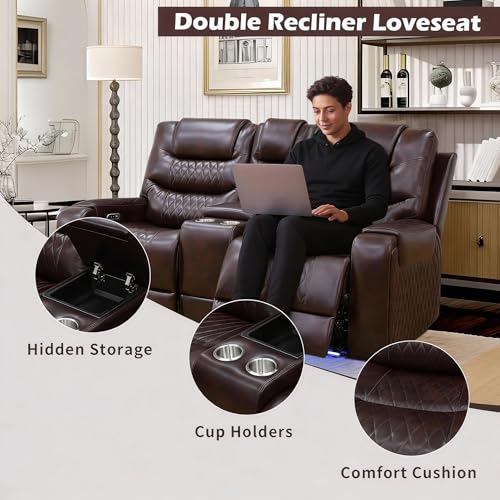 Image of Leather Recliner Loveseat Set, Power Leather Sectional Set with LED Light, Living Room Furniture Sets 2 Seats, Power Reclining Sofa Sets with Storage Console /Cup Holder for Living Room