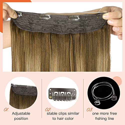 Wire Hair Extensions Real Human Hair 16Inch 65 Grams Balayage Chocolate Brown To Caramel Blonde Secret Wire Invisible Wire Hair Extensions(#4/27/4-16Inch) #TOP3