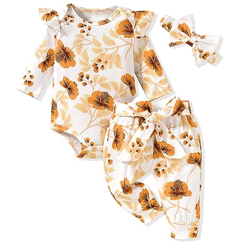 Image of Aalizzwell Preemie Newborn Infant Baby Girls Clothes Ribbed Romper Bodysuit Pants Set Fall Winter Outfits