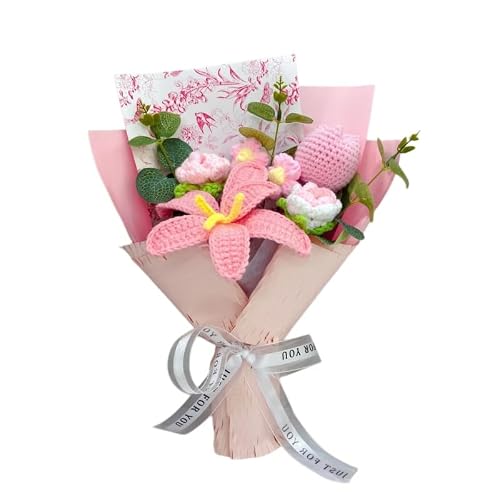 Huolimxun Handmade Crochet Bouquet | Roses And Tulips Everlasting Flowers | Handmade Lily Gift Bouquet | 22cm×32cm(Pink)