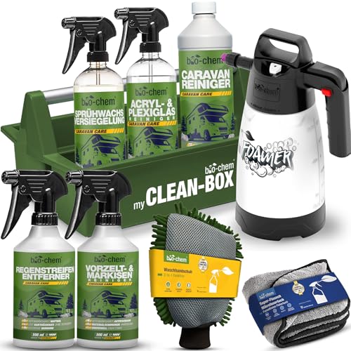bio-chem Caravan & WoMo Au&szlig;enpflege Premium Set 9-teilig - Profi Au&szlig;enreiniger & Pflegemittel f&uuml;r GFK, Acrylglas, Alu & Kunststoff an Wohnmobil, Wohnwagen - Inkl. Schaumkanone, Tuch & Handschuh