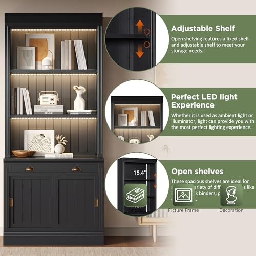 Image of 83.4 inch Tall Bookshelf with 3 Pieces LED Lighting, Modern Bookcase with Sliding Doors and Open Shelves,Storage Bookshelf for Living Room,Home Office,Black (Black)