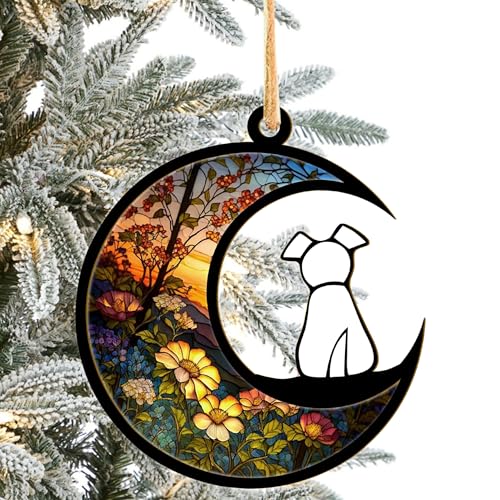 LOVELYPOD DIY Dog Ornament Suncatcher Memorial Gifts for Dog Lovers, White Dog Decor on Moon Window Hangings Suncatcher, Loss of Dog Sympathy Gift, Remembrance Gifts in Memory(4 Inches)