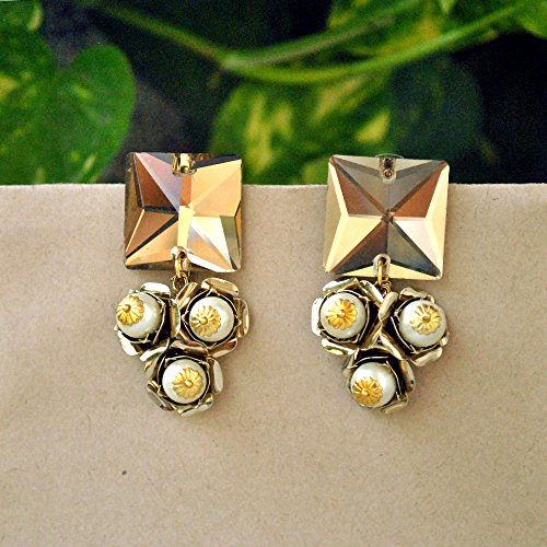 Abhika Creations Antique Glass Crystal White Pearl Dangling Earrings Handmade Quirky Earrings Daily Wear Designer Unique Earrings Indian Fashion Jewelry