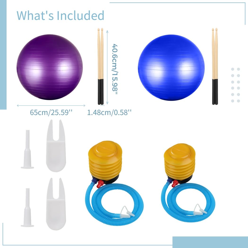 PONDON Set di attrezzature per batteria cardio, palla da 66 cm con pompa e bastoncini da 90,7 g, palla per esercizi aerobici per allenamento, stabilità, pilates, yoga, ginnastica in gravidanza