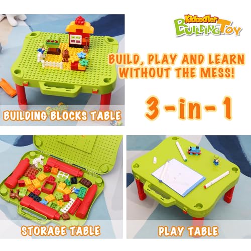 3 in 1 kids activity table kids play table set with 42 blocks building blocks kit compatible with mega blocks and lego duplo foldable activity desk play board and toy storage for toddlers