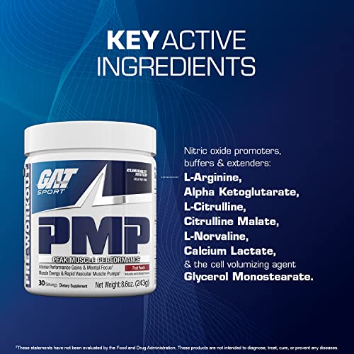 Image of GAT SPORT PMP (Peak Muscle Performance), Fruit Punch, 8.6 oz | Stim-Free Pre-Workout Powder for Workout Intensity Support, Endurance Support, and Muscle Health Support*