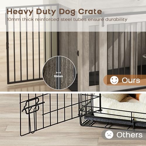 DAWNYIELD Hundekäfig Möbel, Möbel Stil Haustier Kiste mit Schiebetüren, Hölzerne Indoor-Hundezwinger Beistelltisch mit Schublade, Abschließbare Hundehütte mit 360 ° Drehbaren Hundenapf, Grau