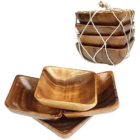 Acacia Handmade Wood Carved Plates - Set of 4 Calabash Bowls Size 4" (Square) by BSRN Cover